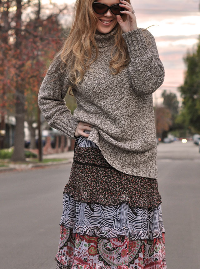 floral maxi dress with sweater for fall