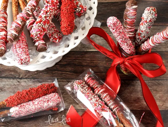 Whip up a fun Valentine's Day treats with caramel and chocolate covered pretzel rods!