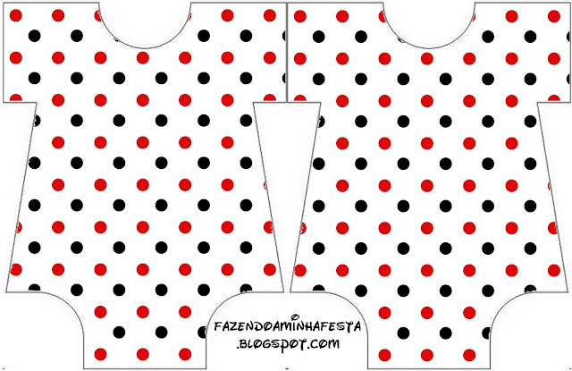Lunares Rojos y Negros: Invitaciones para Bodas para Imprimir Gratis. Tarjeta con forma de Baby Bodysuit de Lunares Rojos y Negros.