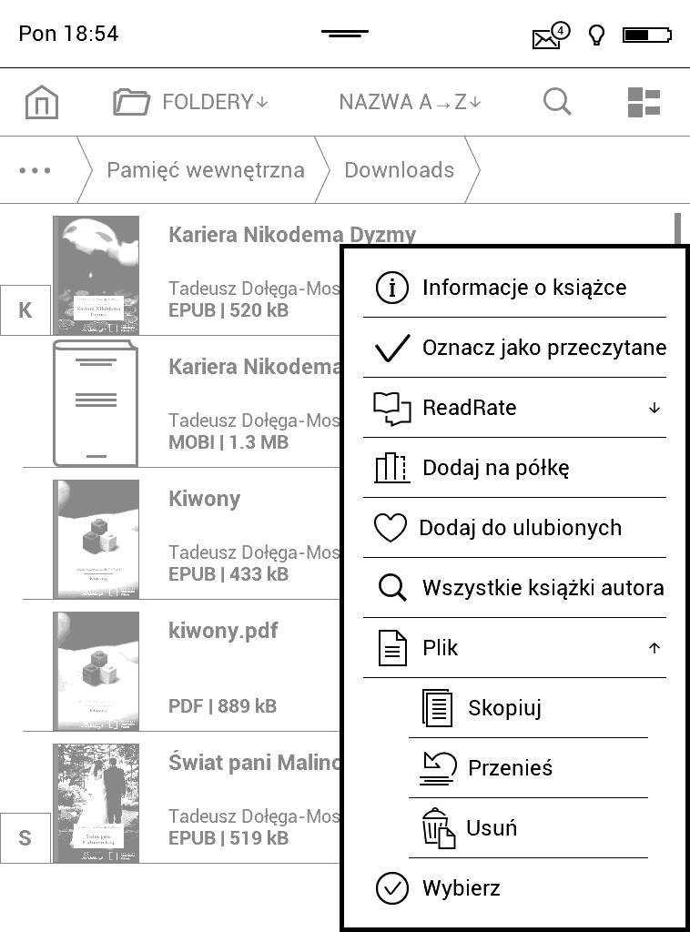 PocketBook Aqua 2 – zrzut ekranu menu kontekstowego e-booka