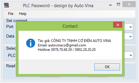 Thông tin liên hệ trong phần mềm crack password PLC Mitsubishi do Auto Vina viết