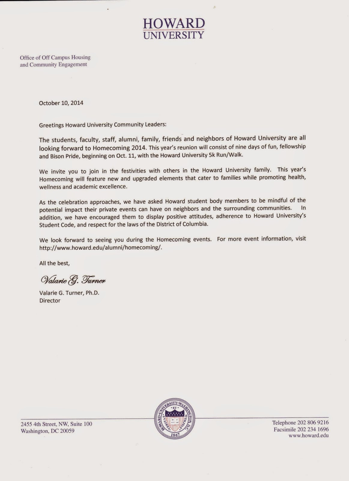 bloomingdale letter from the Howard University Director of Campus