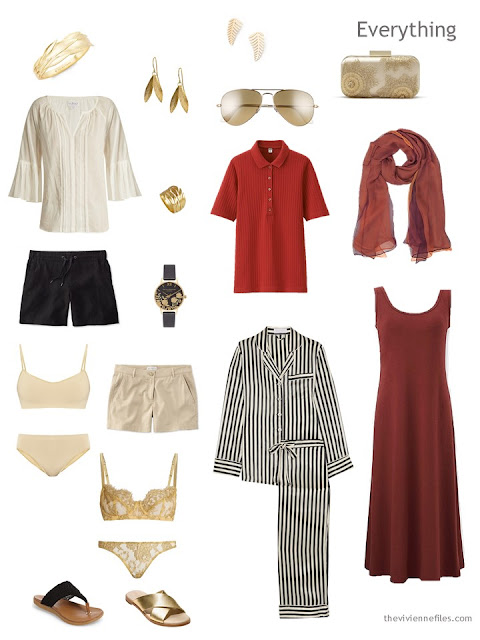 warm weather travel capsule wardrobe in black, ivory, gold and rust warm weather travel capsule wardrobe in black, ivory, gold and rust