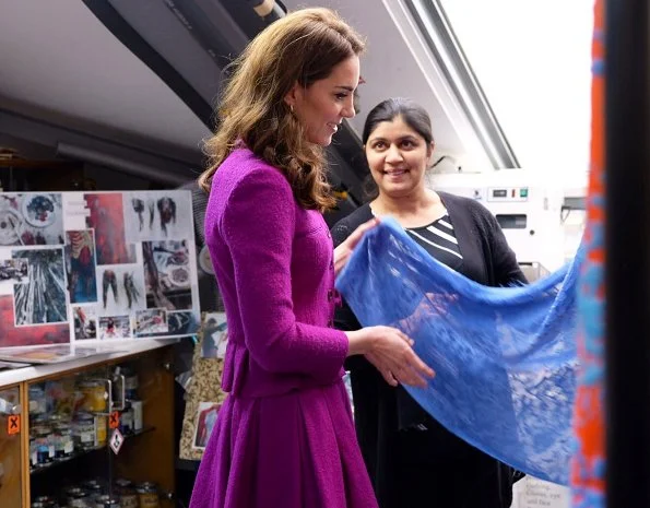 Kate Middleton wore Oscar de la Renta pleated jacket and skirt, Rupert Sanderson Nada pumps, she carried Aspinal of London mayfair bag