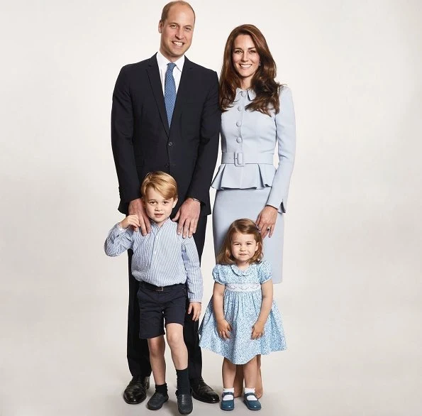 Prince George and Princess Charlotte, Kate Middleton, Prince William. Kate wore Alexander McQueen blue dress