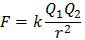 Rumus gaya Coulomb yang terjadi antara muatan Q1 dan Q2