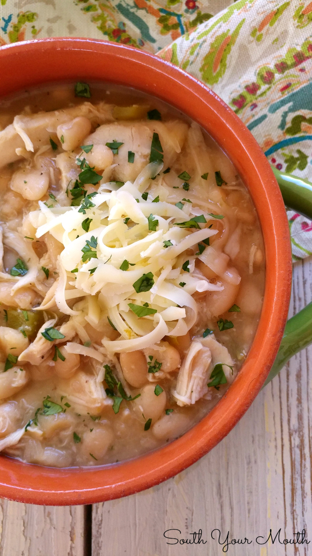 White Chicken Chili! Slow-cooked creamy great northern beans, tender chicken and tons of southwest flavor!