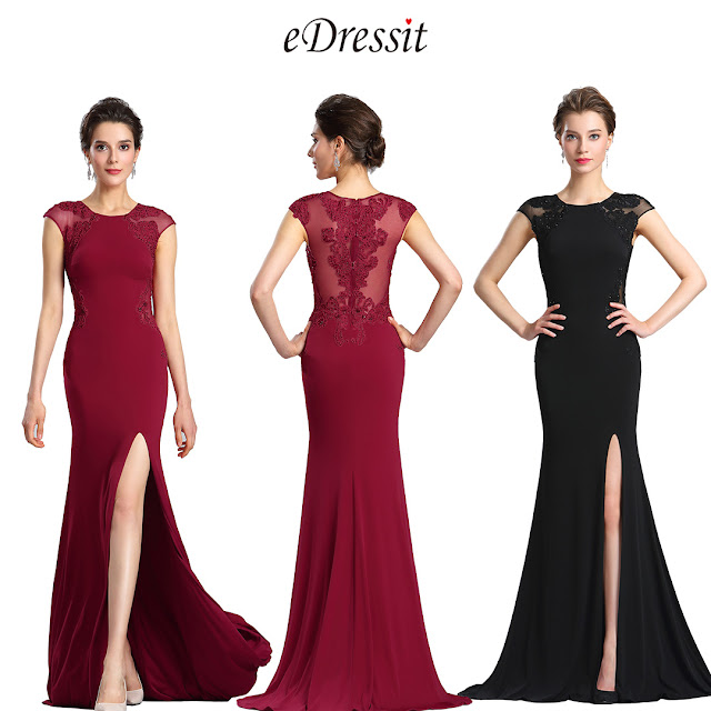 Burgundy Lace Appliques slit Prom Evening Dress