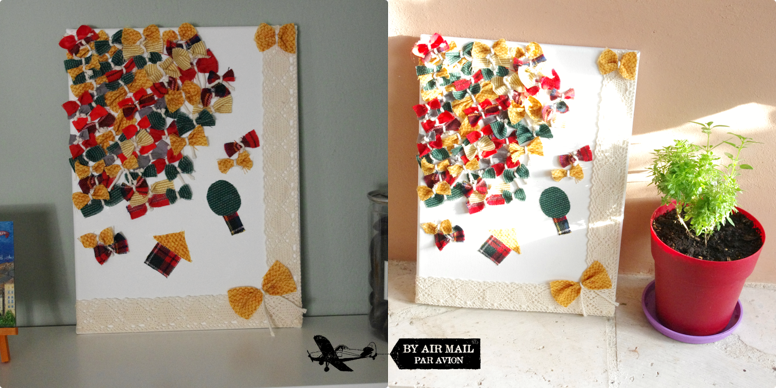 Χειροποίητες ανάσες Patchwork decoupage canvas with fabric and lace