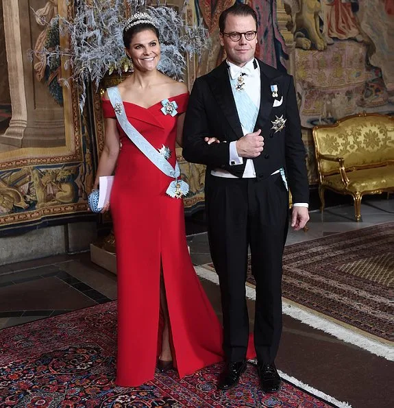 Princess Sofia is wearing a gown by Swedish designer Valerie Aflalo. Crown Princess Victoria wore a red gown
