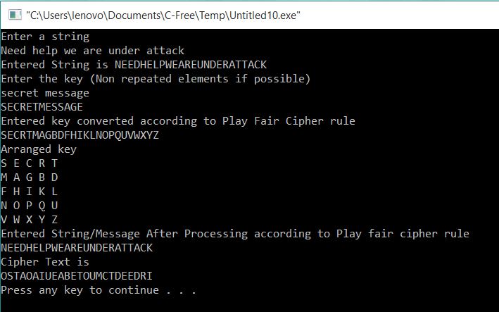 Play Fair Cipher using C