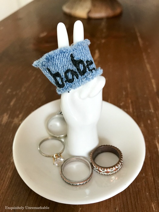 DIY Denim Ring on ring holder with other rings in cup below