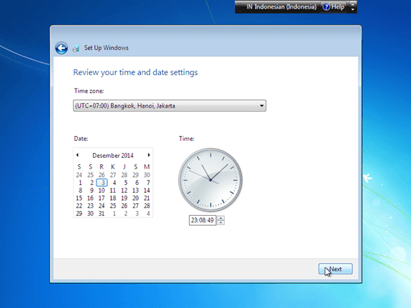 Cara instal windows 7 - tentukan zona tanggal dan waktu 