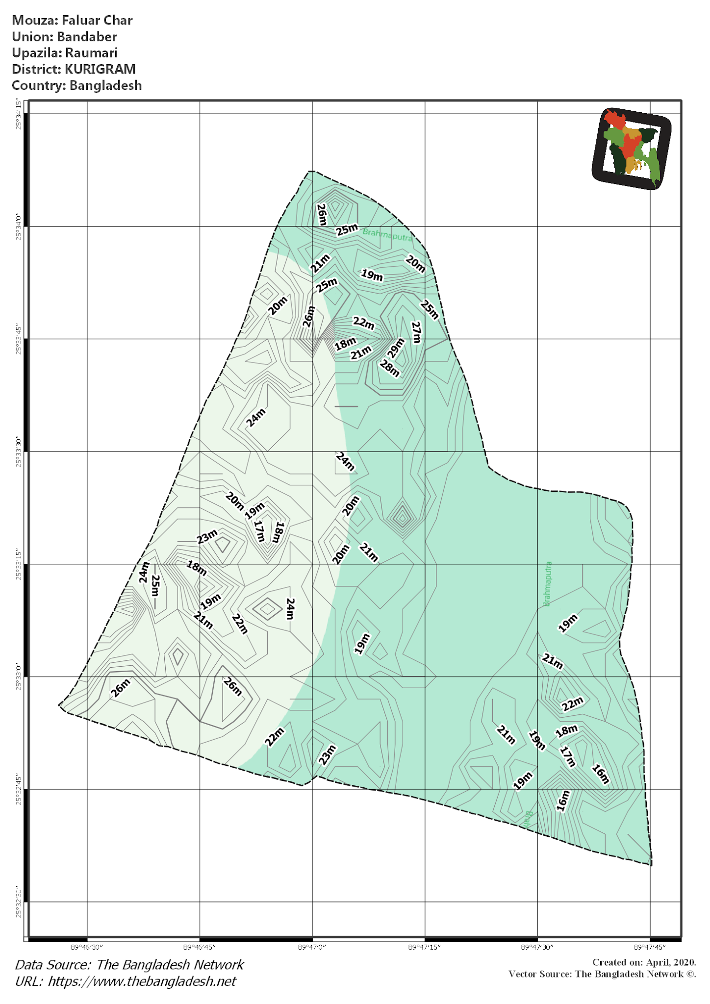 Map of Faluar Char Mouza of Raumari Upazila, KURIGRAM, Bangladesh.