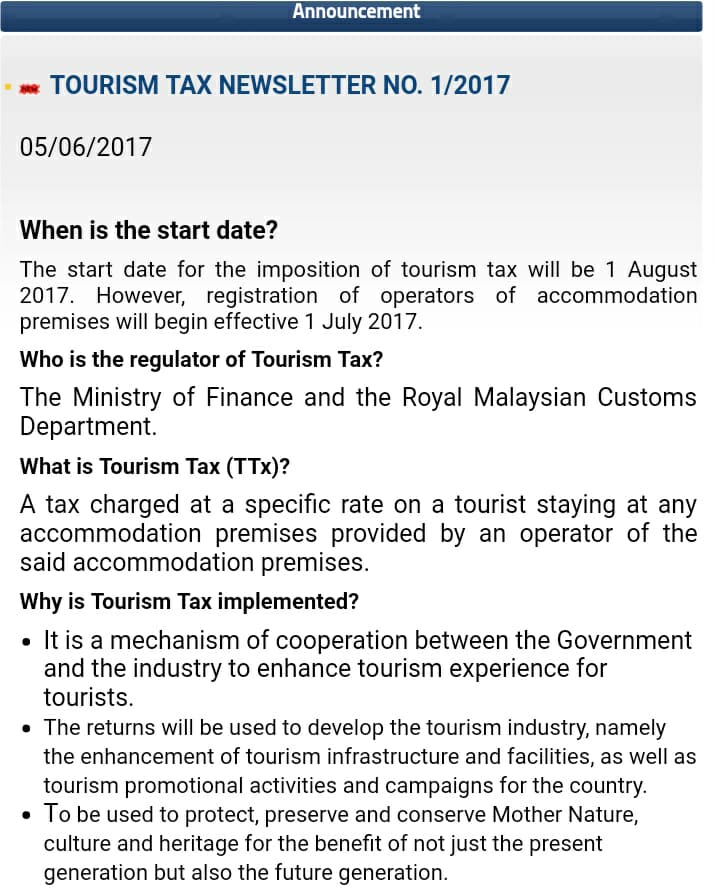 malaysia hotel tourism tax