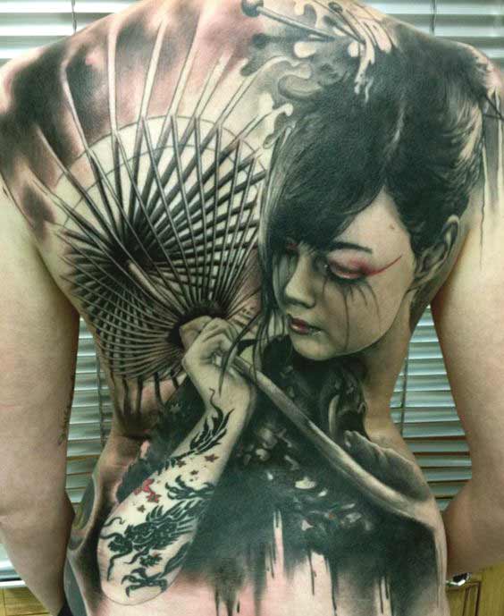 Geisha tattoo design on full back ideas for men and women