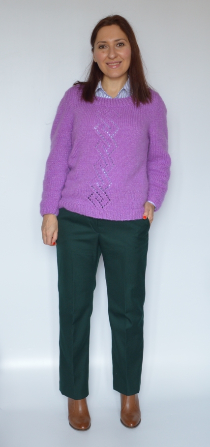 purple shirt and green pants