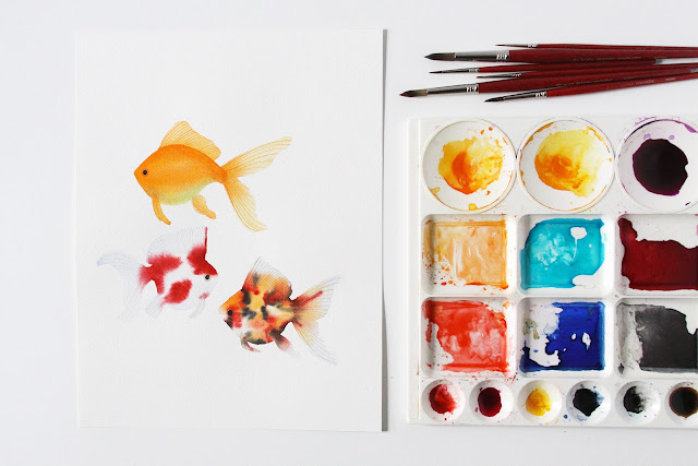 watercolor, watercolor goldfish, watercolor painting, goldfish painting, Anne Butera, My Giant Strawberry