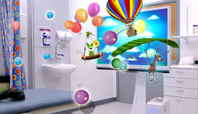 a hospital room with virtual reality images. 