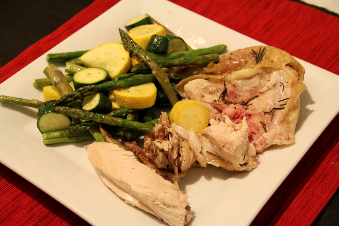 Food & Drink roasted rosemary chicken with squash, zucchini and asparagus