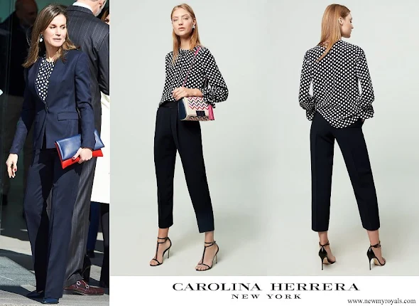 Queen Letizia wore Carolina Herrera navy ecru polka dot silk blouse