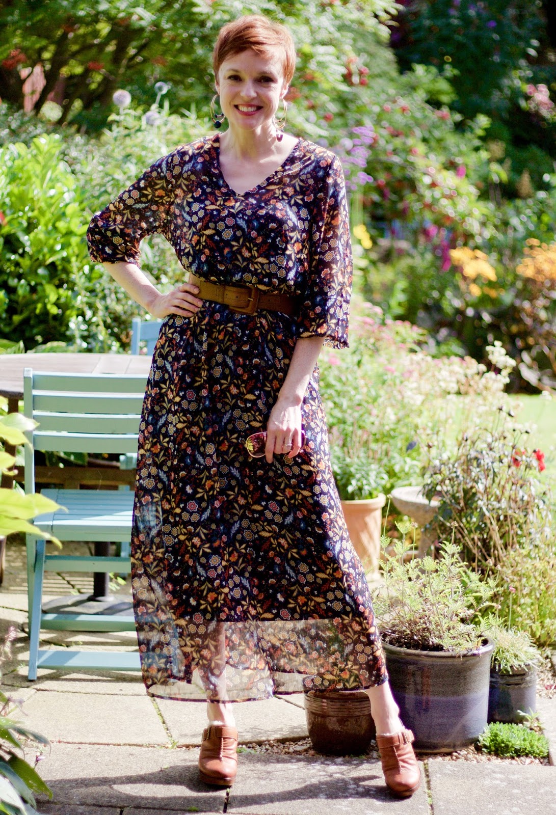 Floral Boho Dress, Tan clogs | Late Summer boho style, over 40.
