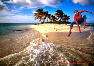 Desktop Wallpaper of Spiderman Wallpaper Super Hero Jumping at Beautiful Island