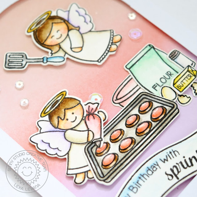 Sunny Studio Stamps: Little Angels & Blissful Baking Card by Lexa Levana (using Sunny Semi Circle dies for the arched window)