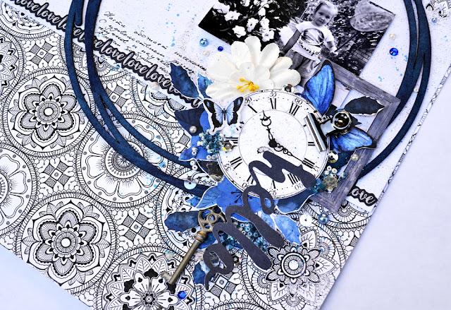 Scraps of Darkness scrapbook kits: Blue mixed media layout w/our Blue Skies & Sunshine kit, by Tatiana Yemelyanenko. BoBunny Petal Lane. Kaisercraft Indigo Skies.