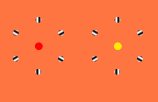Sarı ve kırmızı noktalar çevresinde sağa sola dönen siyah beyaz desenli noktalar