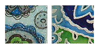 Zweimal Embossing: einmal flächig, einmal Konturen Detailfotos von embossten Flächen