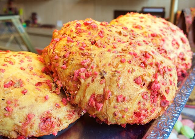 Pink Brioche in Paris - the pink is sugar coated hazelnuts. This bread is AMAZING! A MUST on your next Paris trip!