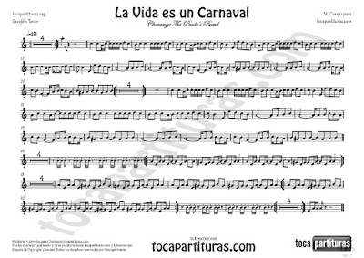  La Vida es un Carnaval Partitura de Saxofón Tenor en Si bemol (serviría para Saxo Soprano ) de Celia Cruz Sheet Music for Tenor Saxophone in Bb (and soprano sax)