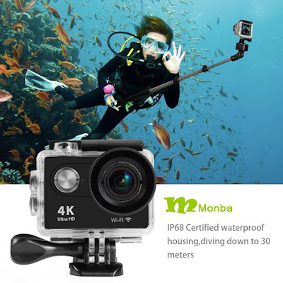 Monba ME10 (Blue Color) 4K Sports Action Camera caméscope wifi étanche 12MP 170 Ultra grand angle - 2x1050mAh Batteries portables Ensemble d'accessoires et télécommande sans fil Meilleur Appareil photo étanche