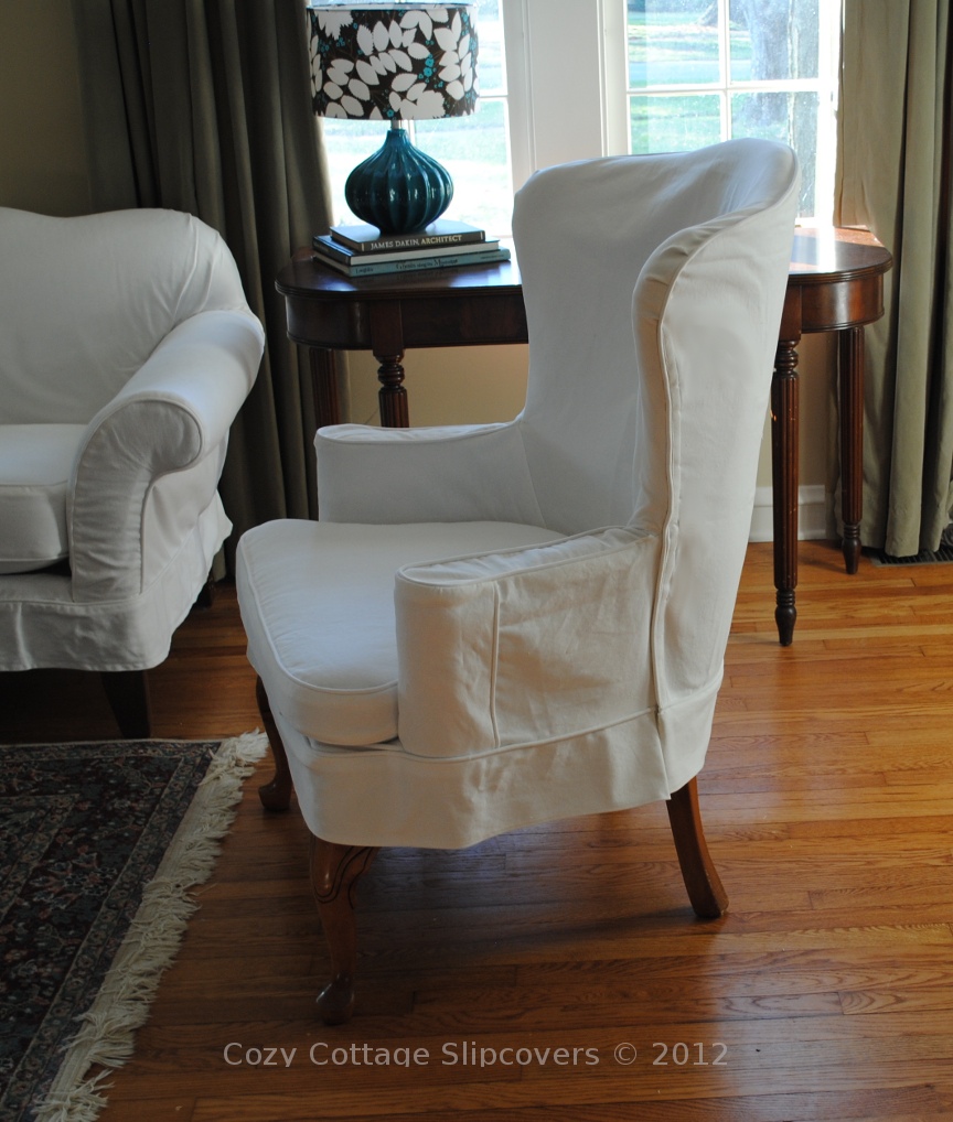 Cozy Cottage Slipcovers: White denim wing chair