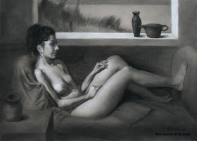 Charcoal drawing Daydreaming female model sitting on couch