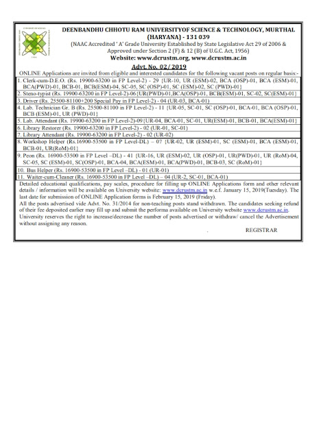Recruitment of Various post in DCRUSTM Hariyana(150Post)