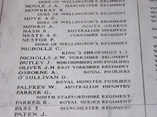 A photo of part of the list of names on panel 58 of the Menin Gate in Ypres including Joseph Nutley