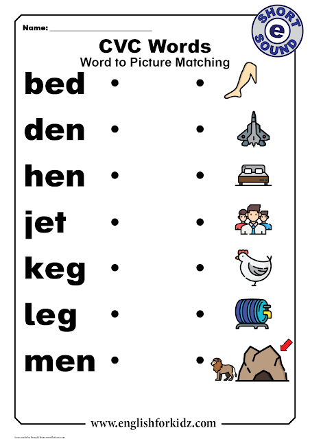 CVC words with pictures - short e sound - printable ESL worksheets