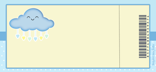 Lluvia de Bendiciones en Amarillo y Celeste: Invitaciones y Etiquetas para Candy Bar para Imprimir Gratis. Tarjeta con forma de Ticket de Lluvia de Bendiciones en Amarillo y Celeste.