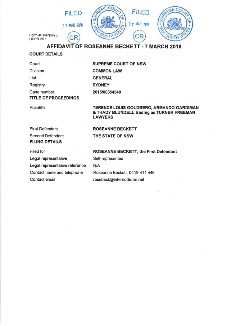 Sworn affidavit of Roseanne Beckett, 7 March 2018
