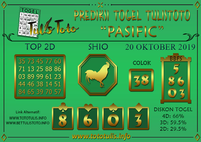 Prediksi Togel PASIFIC TULISTOTO 20 OKTOBER 2019