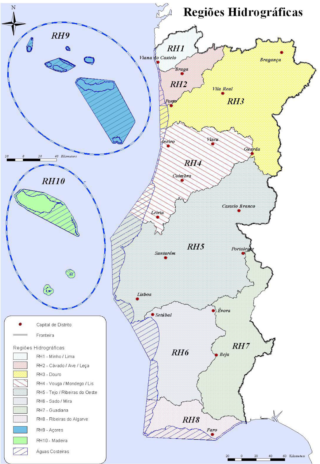 Mapa hidrográfico de Portugal e Espanha