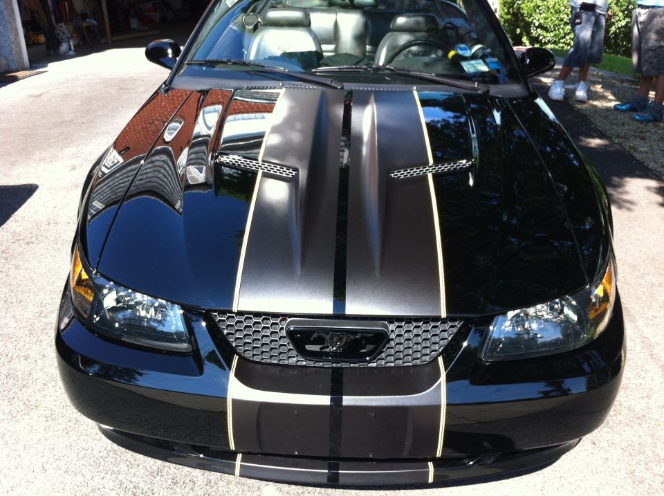 K Custom Car Wraps Mustang GT Custom satin black stripes w/ yellow