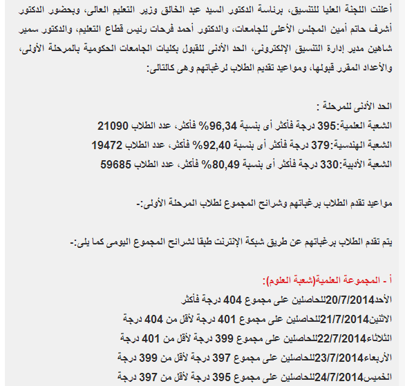 الان تنسيق الثانويه العامه 2014 والحد الأدنى للقبول بكليات الجامعات الحكومية بالمرحلة الأولى الان تنسيق الثانويه العامه 2014 والحد الأدنى للقبول بكليات الجامعات الحكومية بالمرحلة الأولى