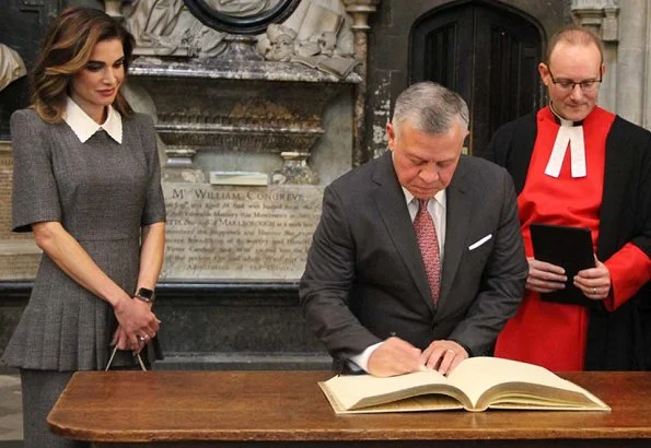 Queen Rania wore a grey midi dress by Fendi for her visit at Westminister Abbey