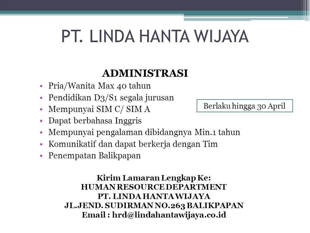 Lowongan Kerja Kota Balikpapan: Lowongan PT.LINDA HANTA WIJAYA