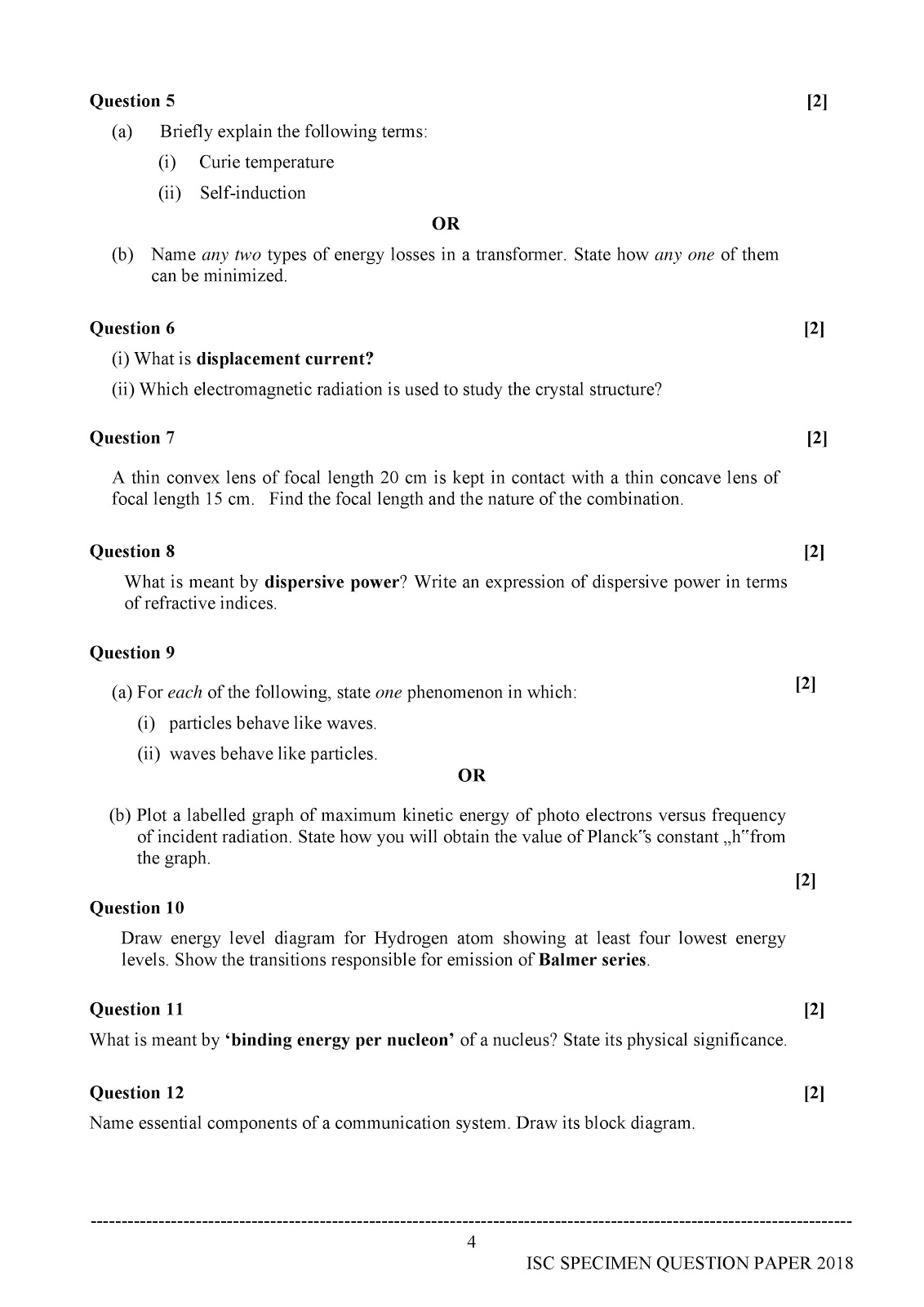 isc 2018 class XII Physics (Theory) paper-1 specimen question paper isc 2018 class 12th Physics (Theory) Sample paper