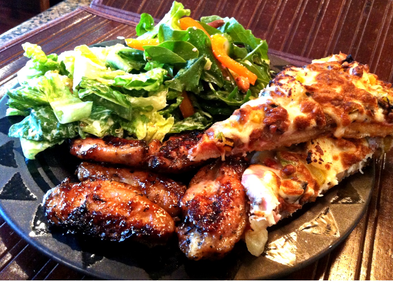 Simply Delicious Food pizza wings and salad