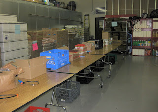 Assembly line ready for volunteers to pack bags of food, Sunnyvale Community Services, Sunnyvale, California